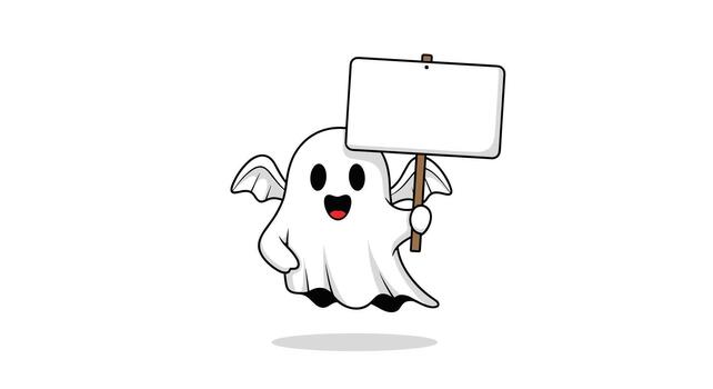 A friendly, cute cartoon ghost with small wings happily floats while holding a blank white sign, ready for a custom message or advertisement, on a white background. vector