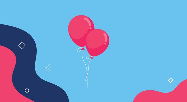 Two red balloons float against a vibrant blue sky, accompanied by abstract dark blue and pink shapes and minimalist geometric elements, creating a festive and playful background. vector