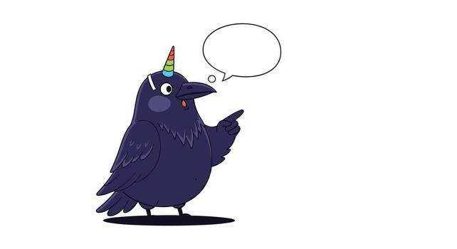 A whimsical cartoon black crow wearing a vibrant rainbow unicorn horn points its wing, with an empty thought bubble floating above its head on a clean white background. vector