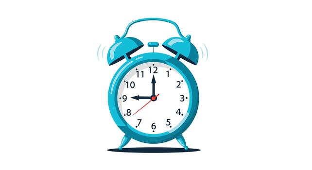 A vibrant blue analog alarm clock is ringing loudly with wavy lines indicating sound, set to precisely 900, symbolizing wake-up calls and urgent deadlines. vector