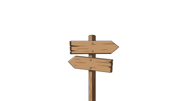 A rustic wooden signpost with two arrow-shaped boards, one pointing right and the other left, stands against a clean white background, symbolizing choices and directions. vector