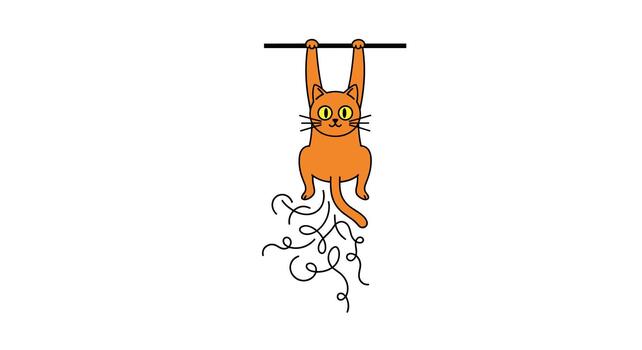 A comical orange cat with wide yellow eyes hangs from a horizontal bar, actively shedding clumps of its fur, creating a humorous and slightly messy scene. vector