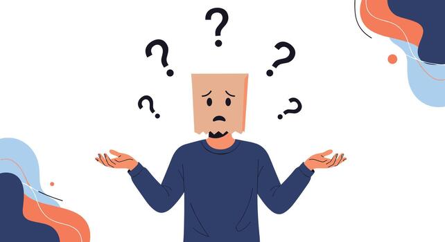 A confused person with a paper bag over their head, surrounded by question marks, expresses uncertainty and doubt with an open-hand gesture, symbolizing a search for answers. vector