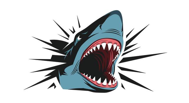 An aggressive great white shark illustration bursts forward with its fearsome mouth wide open, showcasing rows of razor-sharp teeth against a stark white background. vector