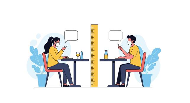 A man and a woman in face masks sit at separate tables with a large ruler between them, illustrating social distancing in a restaurant during the pandemic. vector