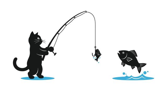 A playful black cat is fishing with a rod, having caught a small fish on the hook, while a larger fish jumps dynamically from the water, creating a striking scene. vector