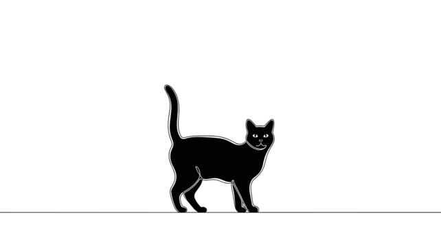A minimalist black cat with a distinctive white outline, drawn in a continuous line art style, walks gracefully on a horizontal line, isolated against a clean white background. vector