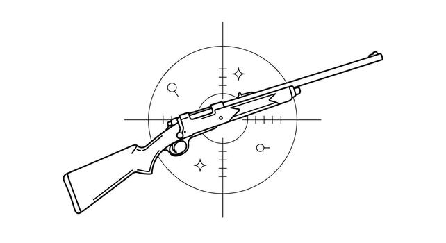 A classic hunting rifle, depicted in a clean line art style, is centered diagonally within a circular target scope with crosshairs, suggesting precision and aiming. vector