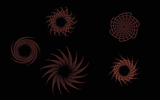 Abstract geometric artwork with glowing orange spiral shapes on a dark background modern, futuristic, and perfect for digital design, motion graphics, or creative backgrounds. vector