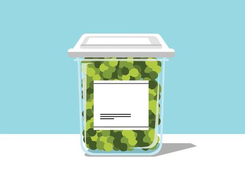 A clear plastic container is filled with small, round, green candies, and has a blank white label affixed to the front, suggesting a customizable treat or medication storage option. vector