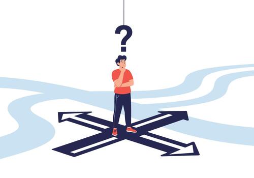 A young man stands at a crossroads, contemplating his future with a large question mark hanging overhead, symbolizing indecision and choice. vector