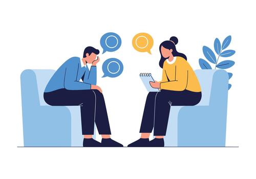 A man sits opposite a therapist, looking distressed while she takes notes during a counseling session, representing mental health support and wellbeing. vector