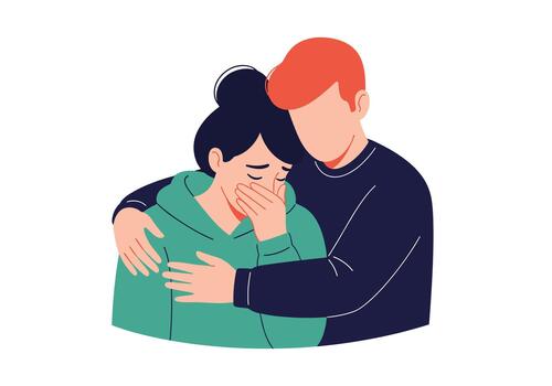 A comforting embrace depicts support and empathy during a moment of sadness or grief, showing a caring connection between two people. vector