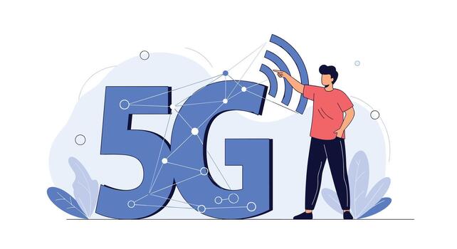 Man interacting with 5G network concept, symbolizing high-speed wireless technology, global connectivity, and future telecommunication advancements. vector