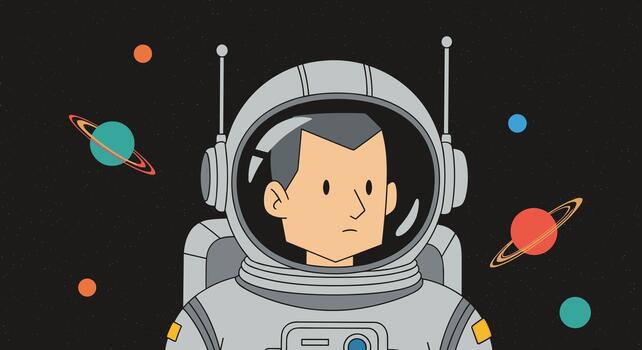 A thoughtful astronaut in a detailed space suit floats in the profound expanse of outer space, surrounded by various colorful planets and distant stars. vector