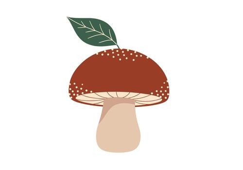 A charming illustration of a reddish-brown mushroom with a single green leaf sprouting from its cap, presented in a simple, modern style. vector