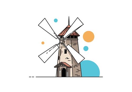 Charming illustration of a traditional windmill with a red roof and rotating blades, set against a minimalist background with abstract shapes. vector