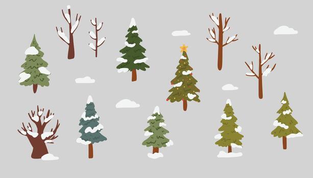 Set of Christmas trees in flat style. Trees in winter without leaves under a layer of snow. illustration. vector