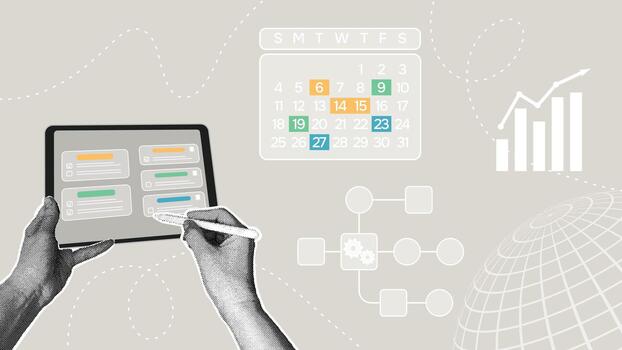 Digital calendar and checklist. Trendy halftone collage. Digital project management tools. Concept for time management, daily planning and productivity tracking, and goal tracking. vector