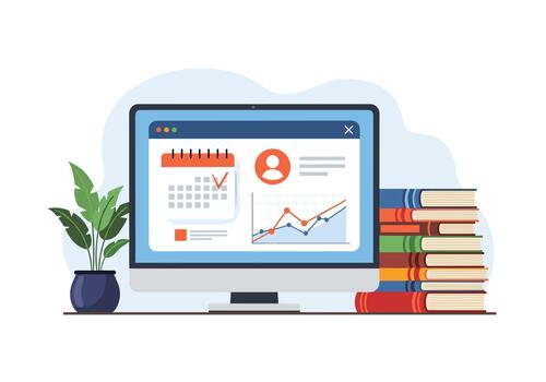 Modern workspace featuring a computer displaying data analytics, a calendar, and stacks of books, representing online learning and productivity. vector