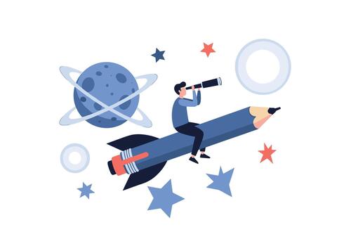 A determined explorer rides a pencil rocket through a whimsical space scene, using a telescope to chart new worlds and inspire creativity. vector