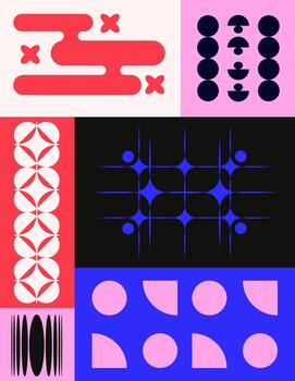 Abstract geometric poster with bold shapes. Modern design featuring circles, lines, and patterns. Perfect for backgrounds, poster, and digital design. vector