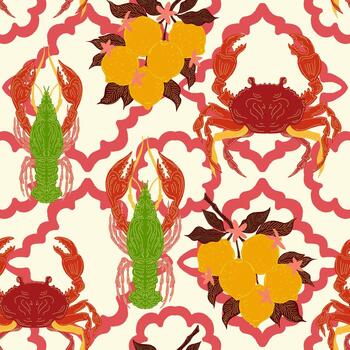 crab and citrus pattern on a white background vector
