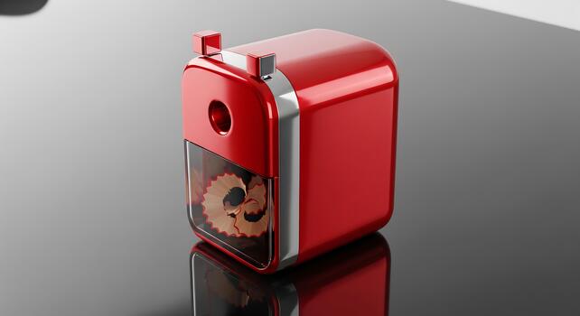 3D Render Of A Glossy, Metallic Red Desk Pencil Sharpener With A Clear Shavings Container, Sitting On A Reflective Dark Surface. photo