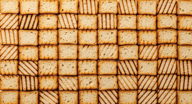 Full Frame Background Of Square Slices Of Toasted White Bread Arranged In A Grid Pattern. photo