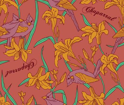 a pattern with birds and flowers on a red background vector