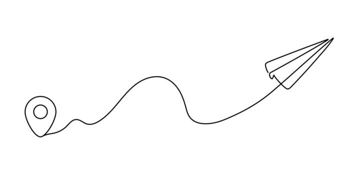 Paper plane travel route illustrated in a continuous line style. Abstract journey path connecting a map pin and destination point, symbolizing travel, navigation, adventure, direction vector