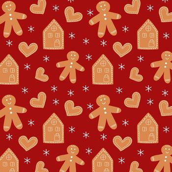 un rojo modelo con un pan de jengibre hombre, corazón, casa, y copo de nieve. un festivo Navidad antecedentes para envase papel o tela. vector