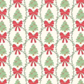 Pattern with a Christmas tree, red bow, branches, and berries. Festive background for wrapping paper or fabric. vector