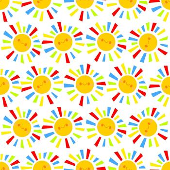 Children's bright multi-colored seamless pattern of smiling suns with rainbow rays vector