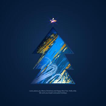 Christmas and New Year s card with a 3D paper cutout tree. Colorful background with paint strokes vector