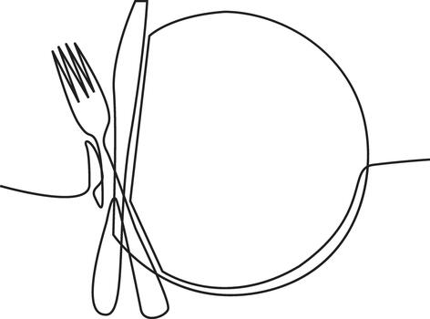 Elegant fork and knife resting on a plate in a restaurant drawn with one line vector