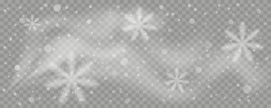 Falling snowflakes and bokeh lights overlay. Winter snow effect with blurred ice crystals and falling in light white flakes. Editable illustration. vector