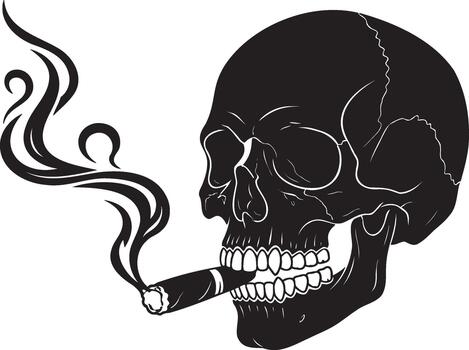 a skull with a cigarette smoke curling upwards creating an eerie yet artistic visual effect in black and white high quality vector