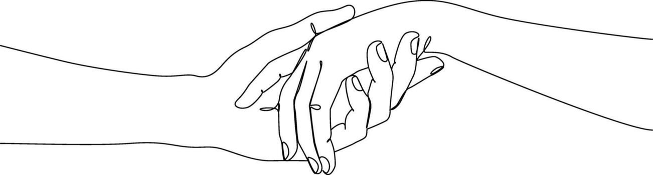un sencillo línea dibujo ilustra dos manos suavemente abrochando cada otro en un gesto de unidad y apoyo vector