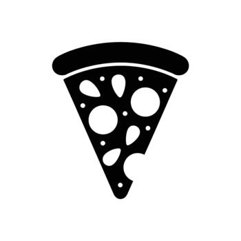 A simple black and white icon of a pizza slice featuring a bold crust and circular toppings. vector