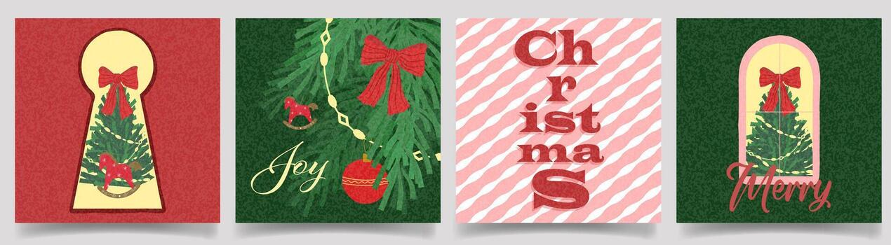 Merry Christmas and Happy New Year card set featuring festive trees, ribbon bow, holiday lettering. Warm textured backgrounds. Modern bright Xmas design with hand drawn elements in minimal retro style vector