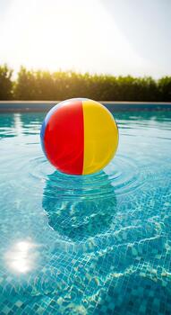 A colorful beach ball floating in a swimming pool on a sunny day with trees in the background photo