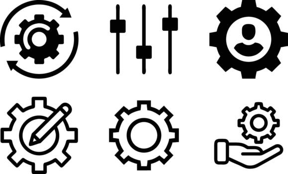 Flat Mechanical icons of gears, settings, Configuration and sliders symbolizing process control, teamwork, Productivity. and engineering excellence. vector