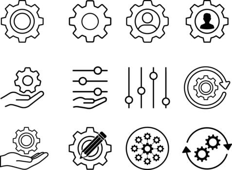 Settings, Process, sliders and Control Gear Icons Collection. Minimal Line symbol f or clean tech or engineering. vector