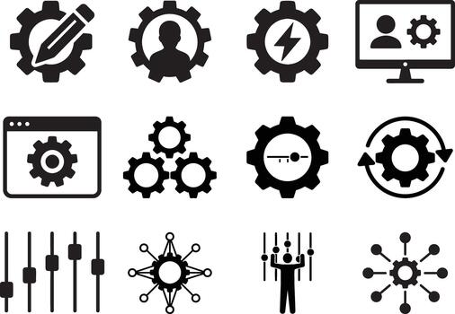 trabajo en equipo y engranaje símbolo recopilación. icono conjunto de equipos y control S representando colaboración y flujo de trabajo gestión. vector