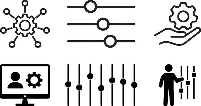 ajustes, datos controlar y humano Interacción íconos para digital administración sistemas colección de íconos demostración deslizadores, humano cifras, y engranajes simbolizando digital controlar y datos sistemas vector
