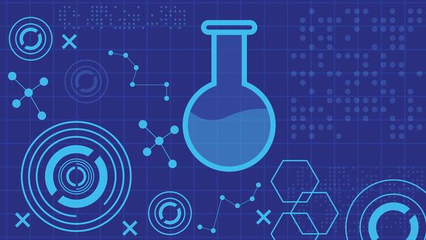 Science lab background featuring a blue flask icon digital circles hexagon shapes and molecular lines. Ideal for research themes medical graphics technology layouts and scientific designs. vector