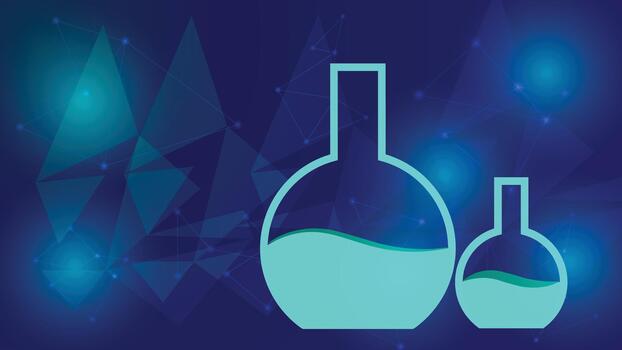 Abstract chemistry lab flask background featuring glowing blue liquid shapes with modern geometric style. Ideal for science themes laboratories education research and technology visuals vector