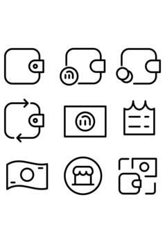 conjunto de nueve financiero billetera y Tienda iconos contorno colección de dinero y compras simbolos digital bancario y pago usuario interfaz embalar. vector