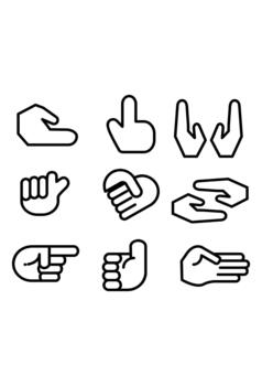 Set of nine outline hand gesture icons. Line art collection of human hands symbols. Simple hand signs for interface design. vector